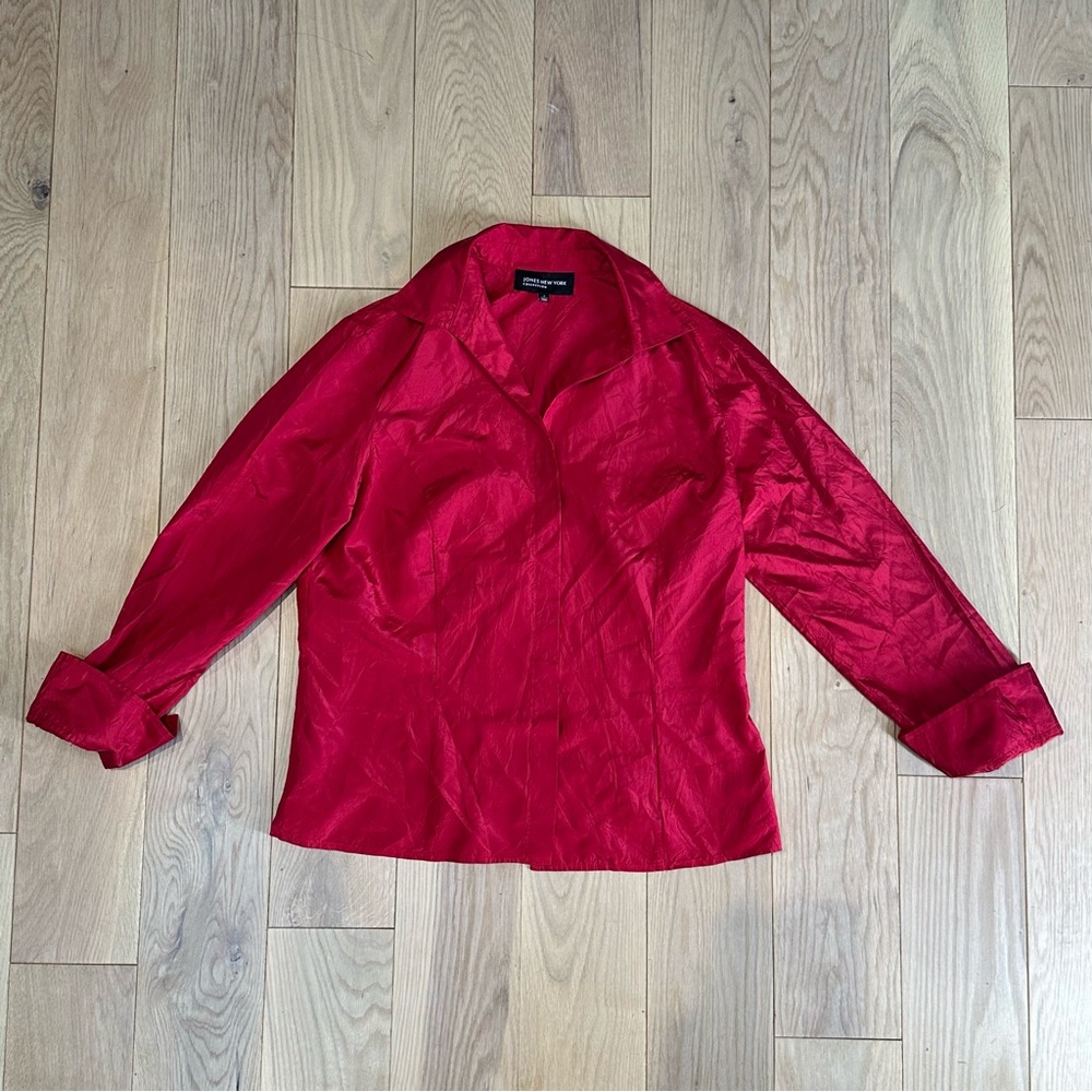 Red 100% Silk Blouse with Rolled Sleeves